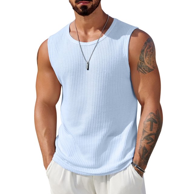 COOFANDY Waffle Knit Tank for Men Summer Sleeveless Shirt Stretch Textured Basic Tee Shirt Wide Sleeve