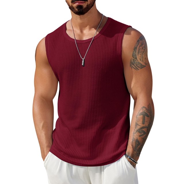 COOFANDY Waffle Knit Tank for Men Summer Sleeveless Shirt Stretch Textured Basic Tee Shirt Wide Sleeve