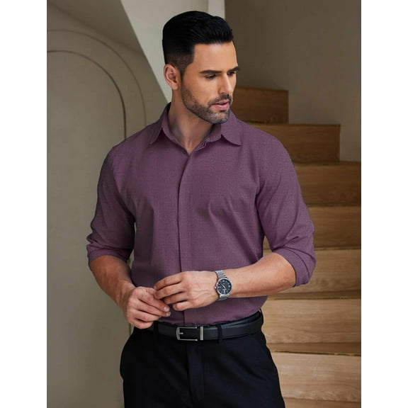 COOFANDY Wrinkle Free Dress Shirts for Men Slim Fit Button Down Suit Shirts Solid Colored Non Iron Long Sleeve Dress Up Clerical Performance Shirt Purple L