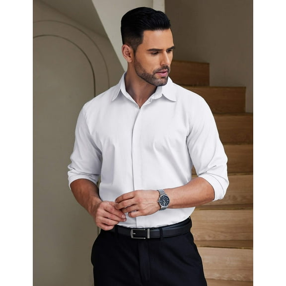 COOFANDY Wrinkle Free Dress Shirts for Men Slim Fit Button Down Suit Shirts Solid Colored Non Iron Long Sleeve Dress Up Clerical Performance Shirt off White L