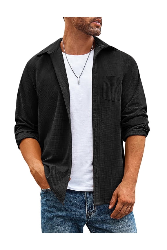 Men's Waffle Button Down Shirts Casual Long Sleeve Shacket Jacket with Pockets