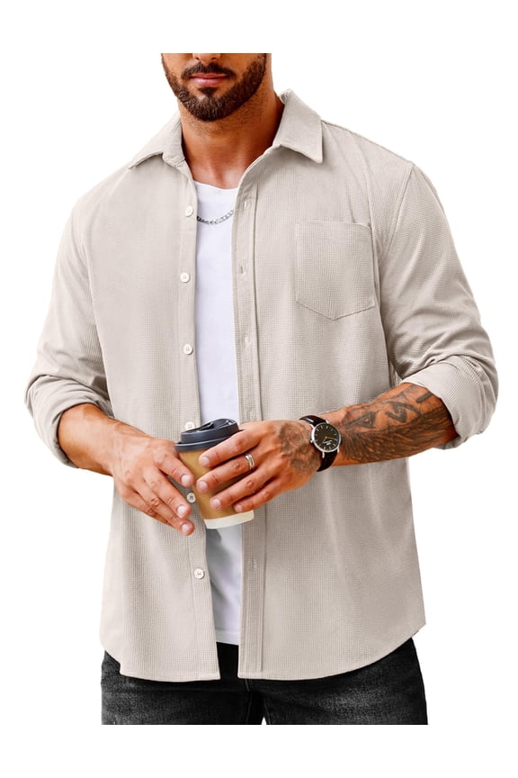 Men's Waffle Button Down Shirts Casual Long Sleeve Shacket Jacket with Pockets