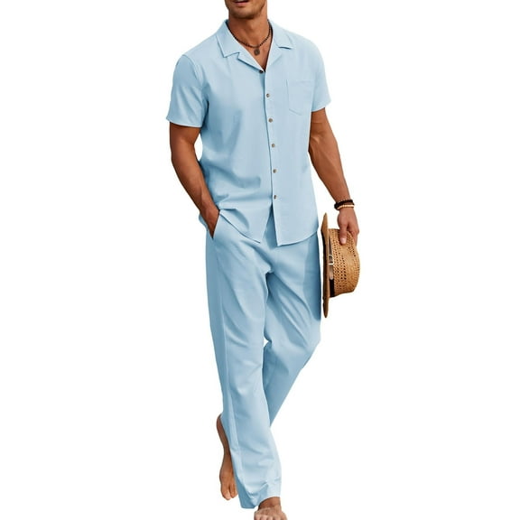 COOFANDY Men's 2 Piece Casual Linen Outfit - Beach Button Down Shirt & Loose Pant Sets