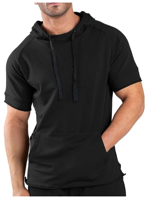 Men's Fashion Athletic Hoodies Pullover Muscle Fit Workout Gym Sweatshirt Cotton Short Sleeve Hooded T-Shirts