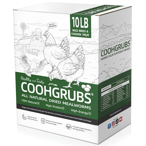 COOHGRUBS 100% Natural Dried Mealworms, Non-GMO Meal Worms for Chickens, Ducks & Wild Birds, High Protein Chicken Treats & Bird Food, 10-lb Box
