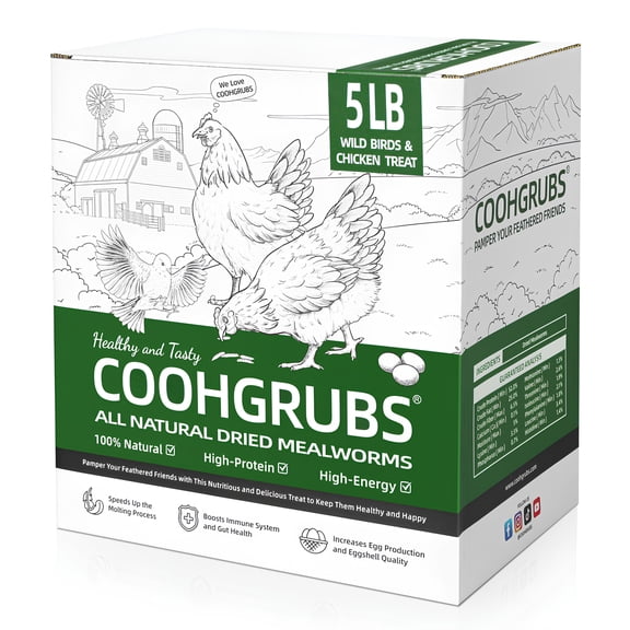 COOHGRUBS 100% Natural Dried Mealworms, Non-GMO Meal Worms for Chickens, Ducks & Wild Birds, High Protein Chicken Treats & Bird Food, 5-lb Box