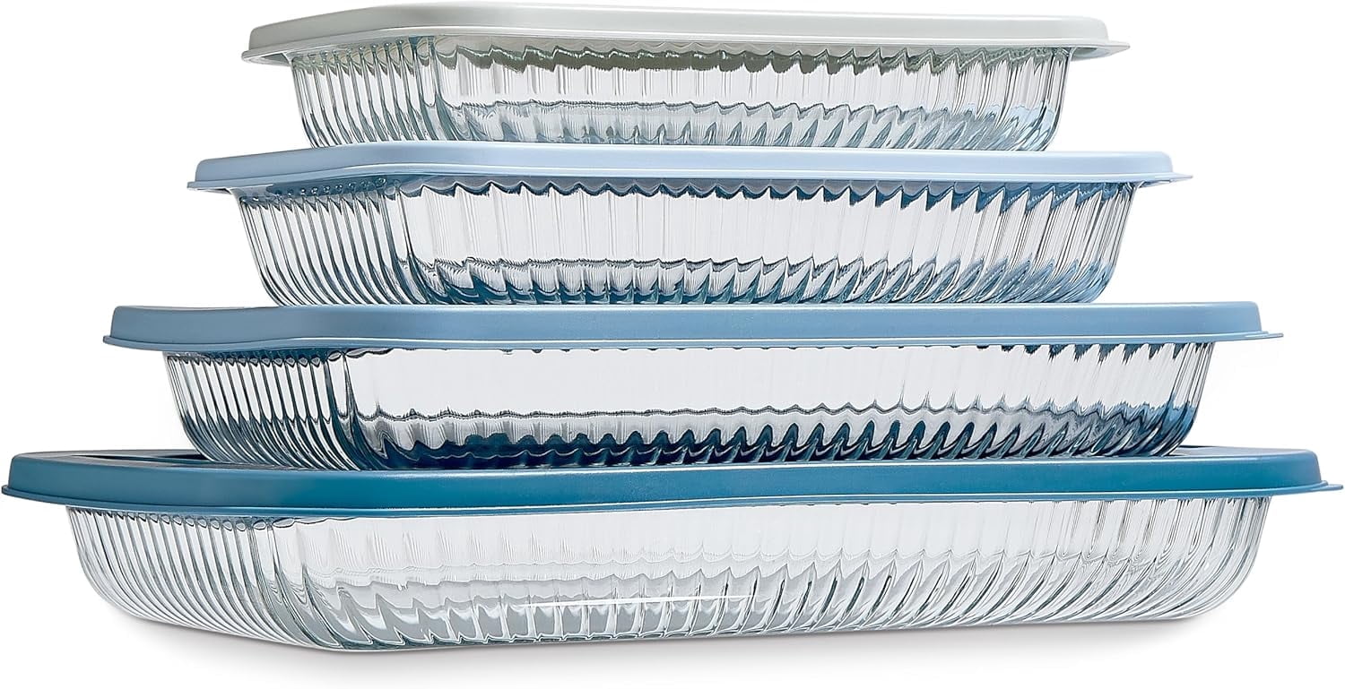 COOK WITH COLOR Glass Baking Dish Set with Lids, Deep Casserole Dish, Fluted Blue, Set of 4