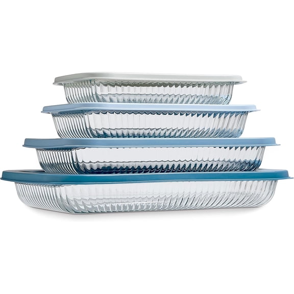 COOK WITH COLOR Glass Baking Dish Set with Lids, Deep Casserole Dish, Fluted Blue, Set of 4