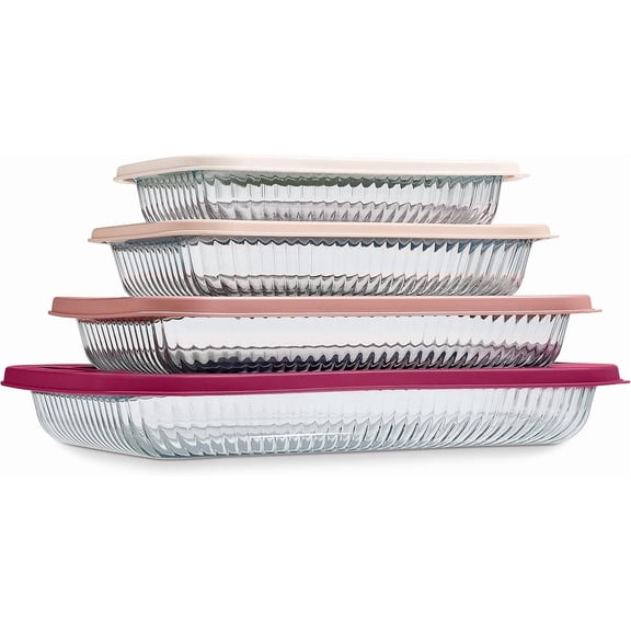 COOK WITH COLOR Glass Baking Dish Set with Lids, Deep Casserole Dish, Fluted Rose, Set of 4