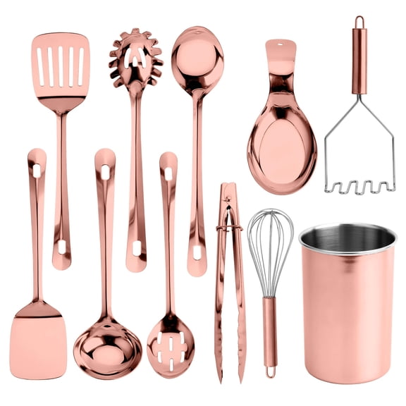 COOK WITH COLOR Kitchen Utensil Set - 10-piece premium Nonstick & Heat Resistant Kitchen Gadgets, Turner, Spaghetti Server, Serving Spoons, Whisk, Tongs, Masher & Utensil Holder, Rose Gold Y101