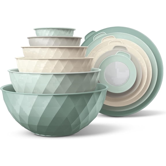 COOK WITH COLOR Plastic Mixing Bowls with Lids, Diamond Design Mixing Bowl Set, Mint, 12-Piece