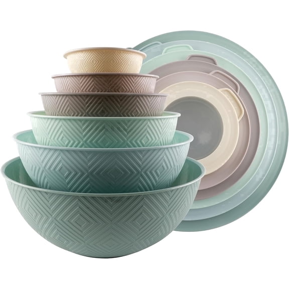 COOK WITH COLOR Plastic Mixing Bowls with Lids, Rhombus Design Mixing Bowl Set, Mint, 12-Piece