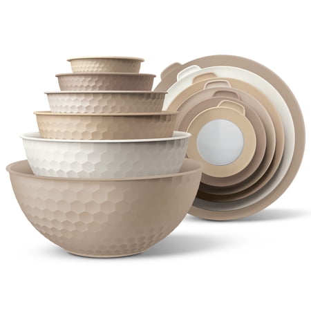 COOK WITH COLOR Mixing Bowls with Lids, 12-Piece Set, Plastic Bowls for Kitchen, Brown Embossed