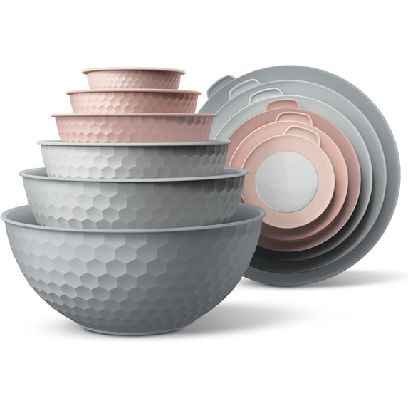 COOK WITH COLOR 12-Piece Mixing Bowls Set with Non-Slip Bottom with Prep Bowls and Lids, Set of 6, Pink