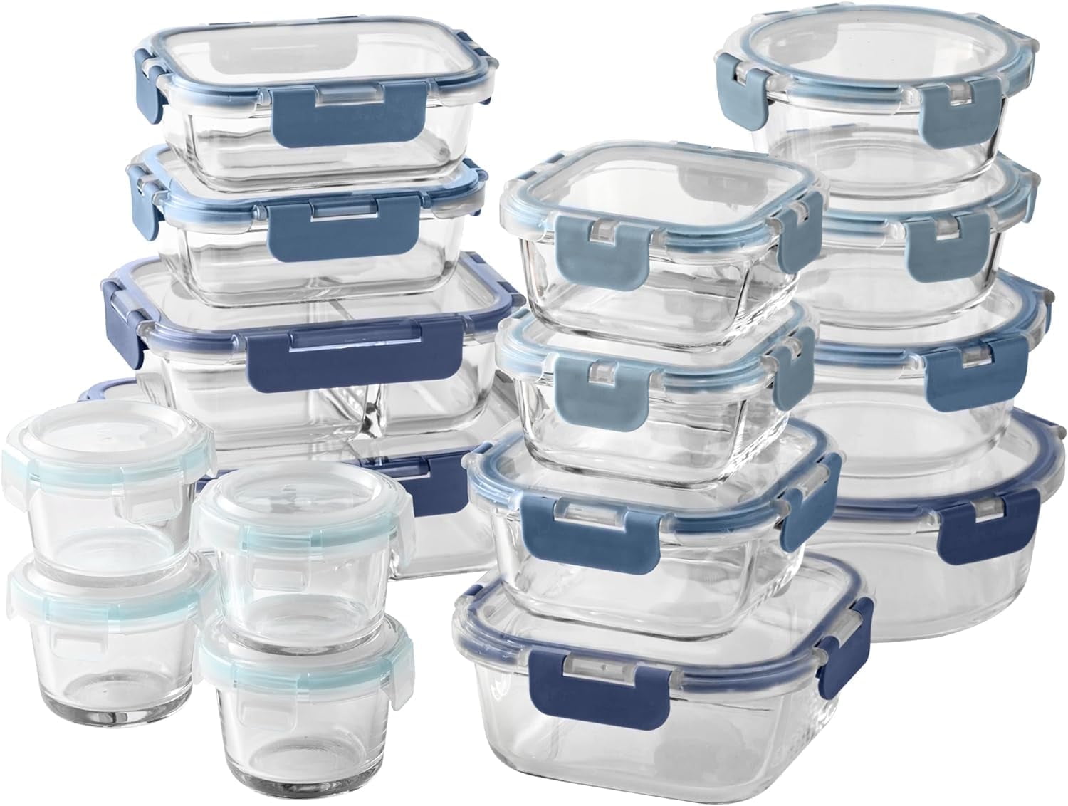 COOK WITH COLOR Borosilicate Glass Storage Containers with Lids, Food Storage Containers with Dividers, 32-Pc Set, Blue