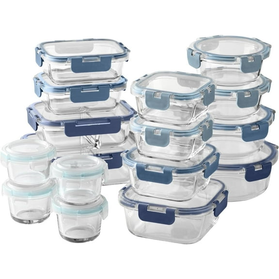 COOK WITH COLOR Borosilicate Glass Storage Containers with Lids, Food Storage Containers with Dividers, 32-Pc Set, Blue