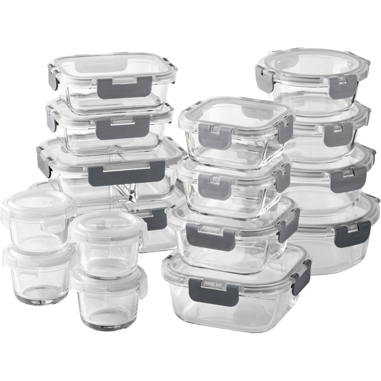 COOK WITH COLOR Premium 32-Pc. Borosilicate Glass Food Container Set with Dividers - 4 Rectangles, 8 Rounds, 4 Squares - Leakproof Lids - Meal Prep, Storage, Ombre Grey