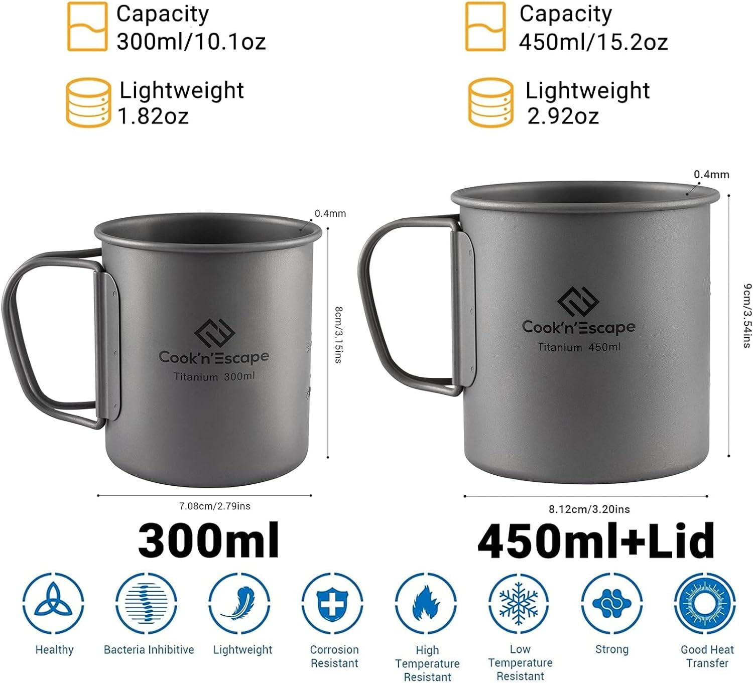 COOK'N'ESCAPE Titanium Camping Cup, Camping Coffee Mug Lightweight