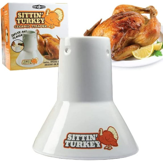 COOK'S CHOICE Sittin' Turkey Ceramic Beer Can Roaster & Steamer - Easily Infuse Marinades & BBQ Sauces for Flavorful Meat - XL Base Perfectly Cooks Up to an 18lb Turkey for Parties or Everyday Meals