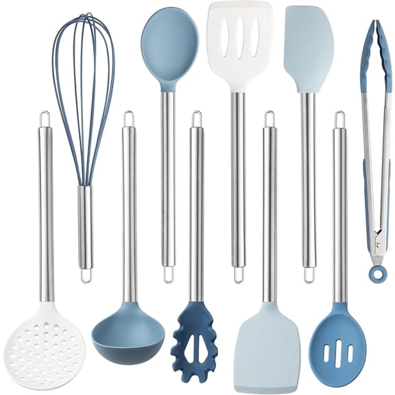 COOK WITH COLOR Kitchen Utensils Set, 10-Piece Cooking Utensils with Holder, Blue/White