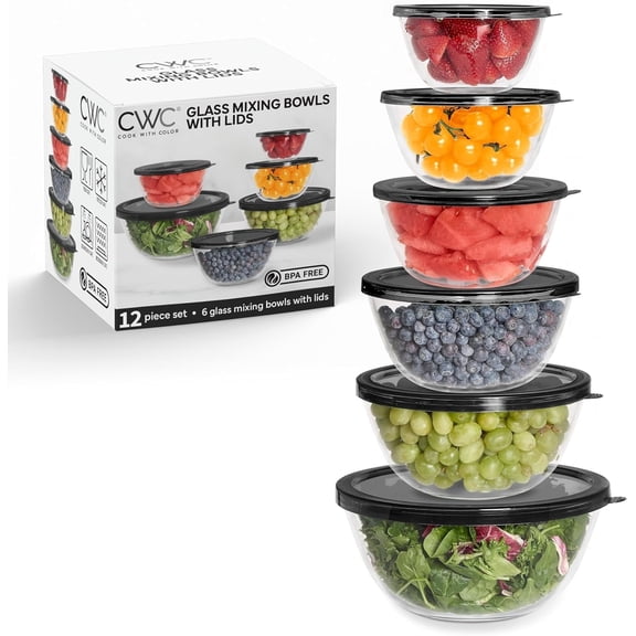 COOK WITH COLOR Glass Mixing Bowls with Lids for Baking and Meal Prep, 12-Piece, Black