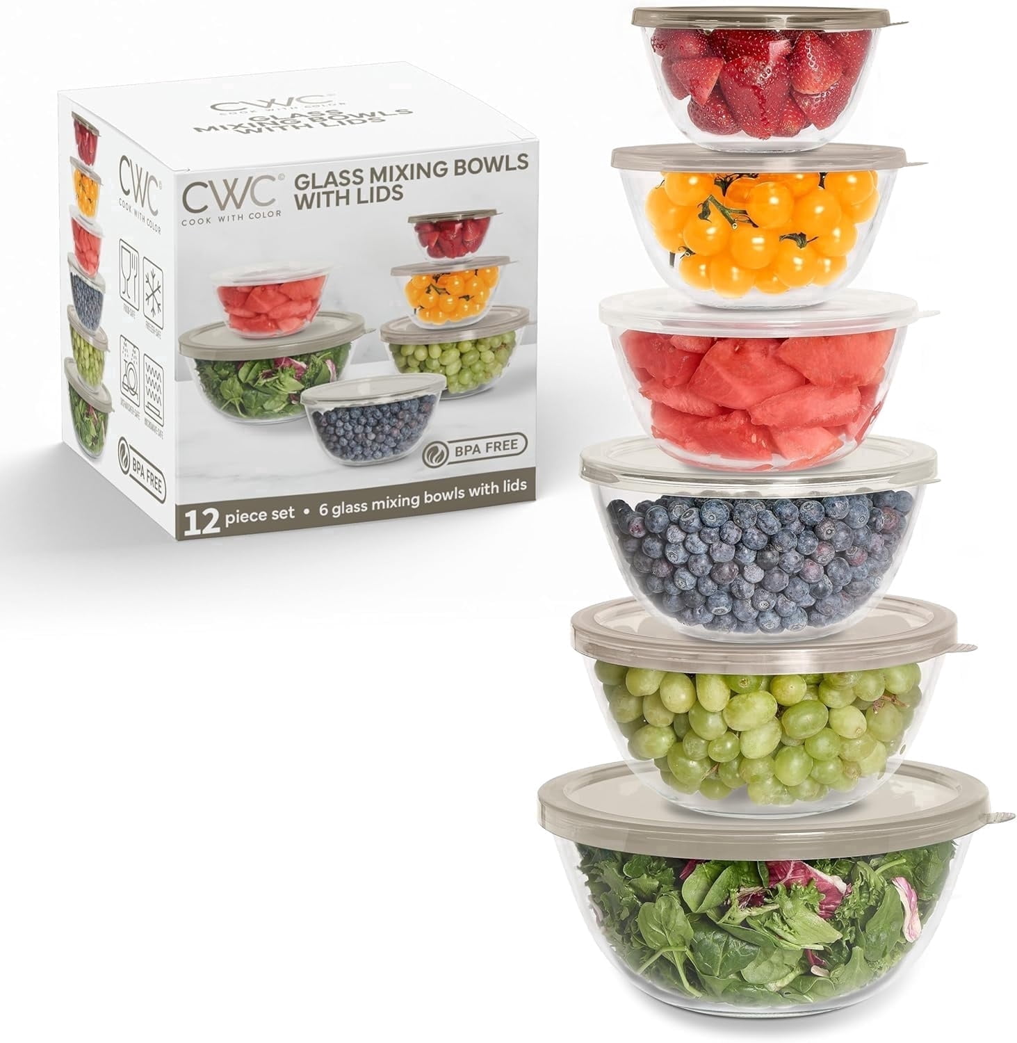 COOK WITH COLOR, Glass Mixing Bowls, 6 Borosilicate, Lids, 12