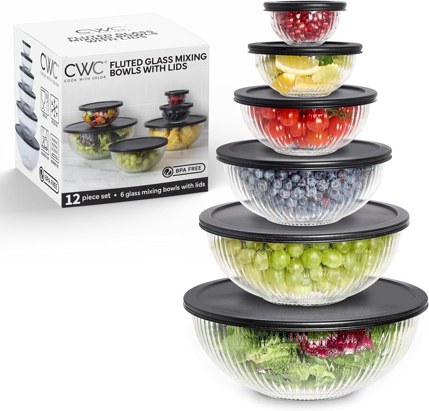COOK WITH COLOR, Glass Mixing Bowls, 6 Borosilicate, Lids, 12