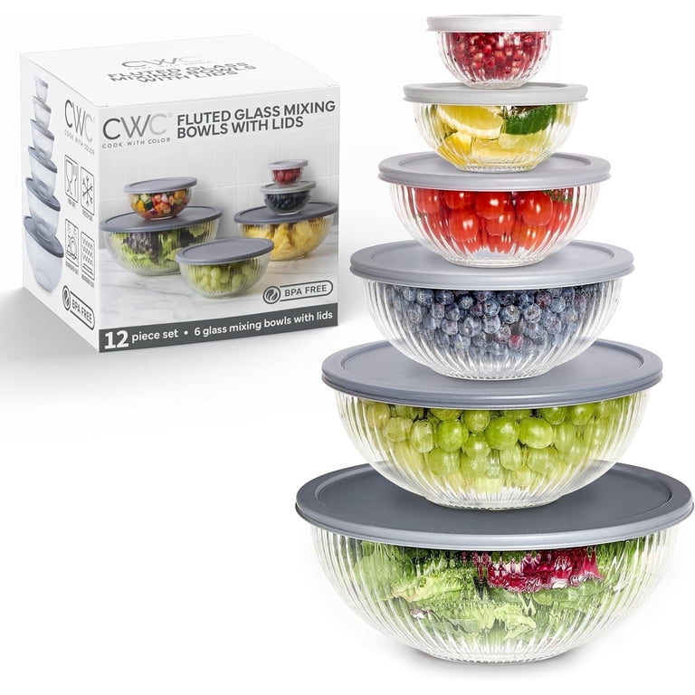 COOK WITH COLOR, Glass Mixing Bowls with Lids, 12-Piece, Fluted