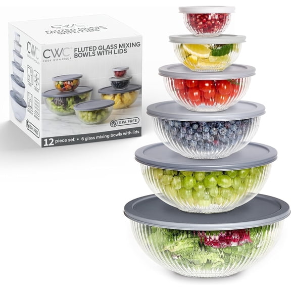 COOK WITH COLOR Glass Mixing Bowls with Lids for Baking and Meal Prep, Fluted Grey, 12-Piece