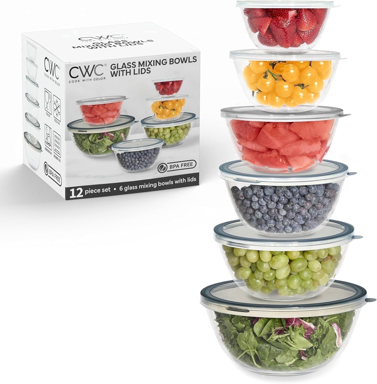 COOK WITH COLOR, Glass Mixing Bowls, 6 Borosilicate, Lids, 12
