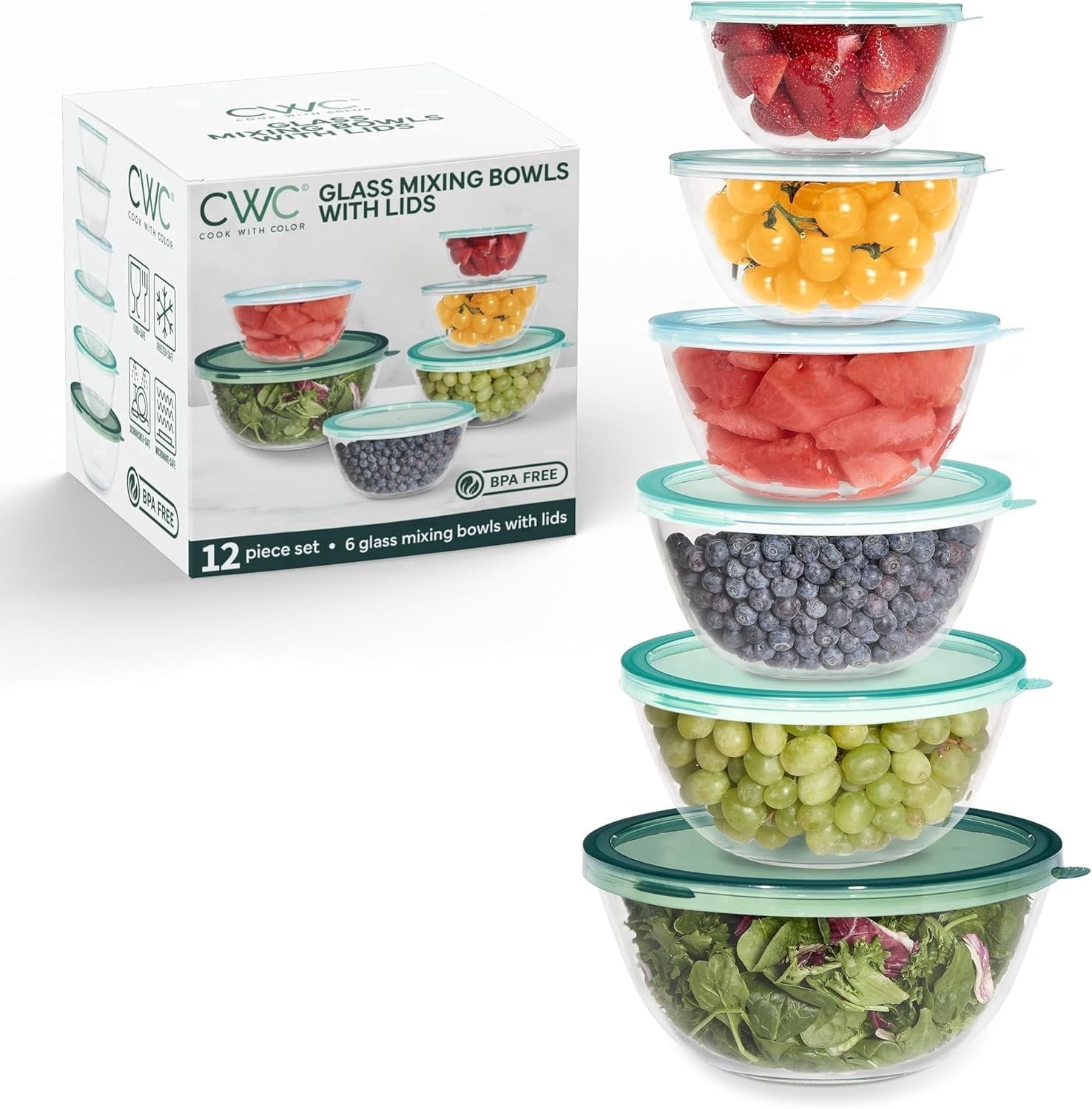 COOK WITH COLOR, Glass Mixing Bowls, 6 Borosilicate, 6 Lids, 12
