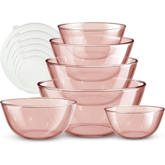 COOK WITH COLOR Glass Mixing Bowls with Lids, Borosilicate Mixing Bowl Set for Meal Prep, Pink, 12-Piece