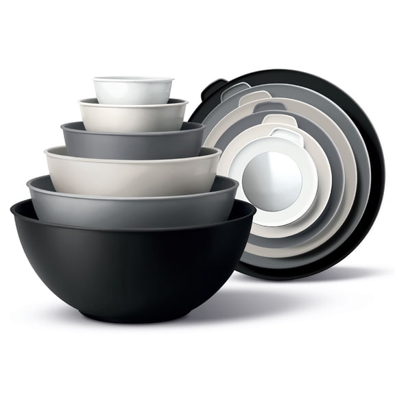 COOK WITH COLOR Mixing Bowls with Lids, 12-Piece Set, Plastic Bowls for Kitchen, Black Ombre Plain