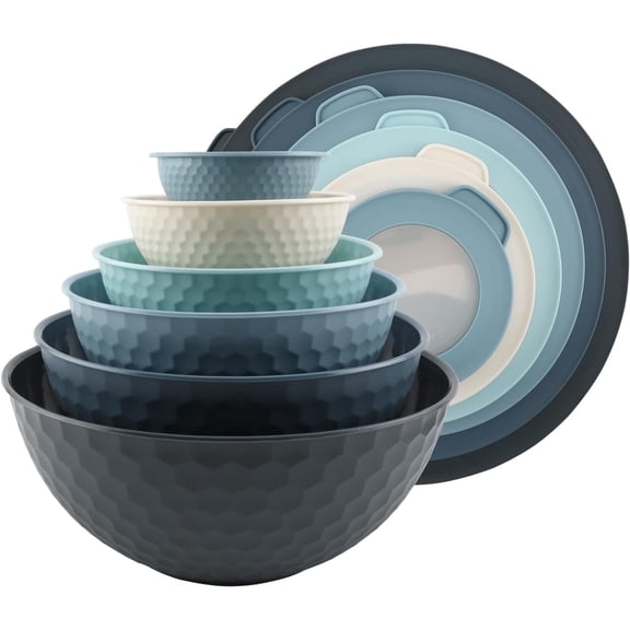 COOK WITH COLOR 12-Pc Mixing Bowls with Lids Set Plastic Bowls for Kitchen, Blue Embossed