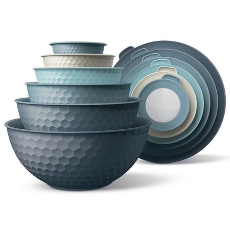 COOK WITH COLOR 12-Pc Mixing Bowls with Lids Set Plastic Bowls for Kitchen, Blue Embossed