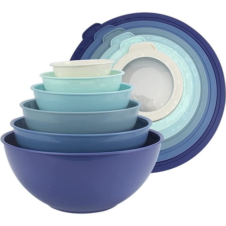 COOK WITH COLOR Mixing Bowls with Lids, 12-Piece Set, Plastic Bowls for Kitchen, Blue Plain