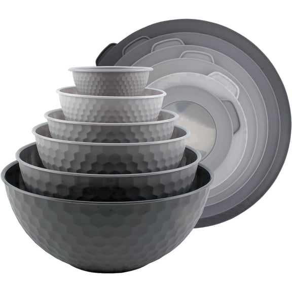 COOK WITH COLOR 12-Pc Mixing Bowls with Lids Set Plastic Bowls for Kitchen, Gray Embossed