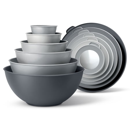 COOK WITH COLOR Mixing Bowls with Lids, 12-Piece Set, Plastic Bowls for Kitchen, Gray Plain