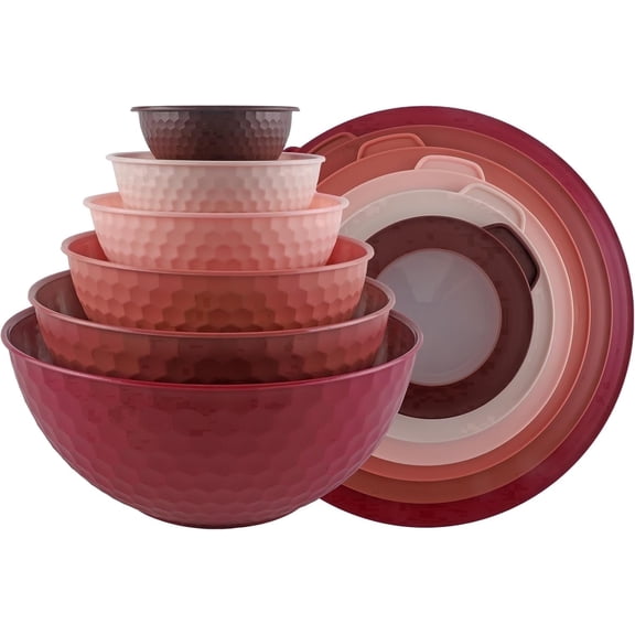COOK WITH COLOR 12-Pc Mixing Bowls with Lids Set Plastic Bowls for Kitchen, Rose Embossed