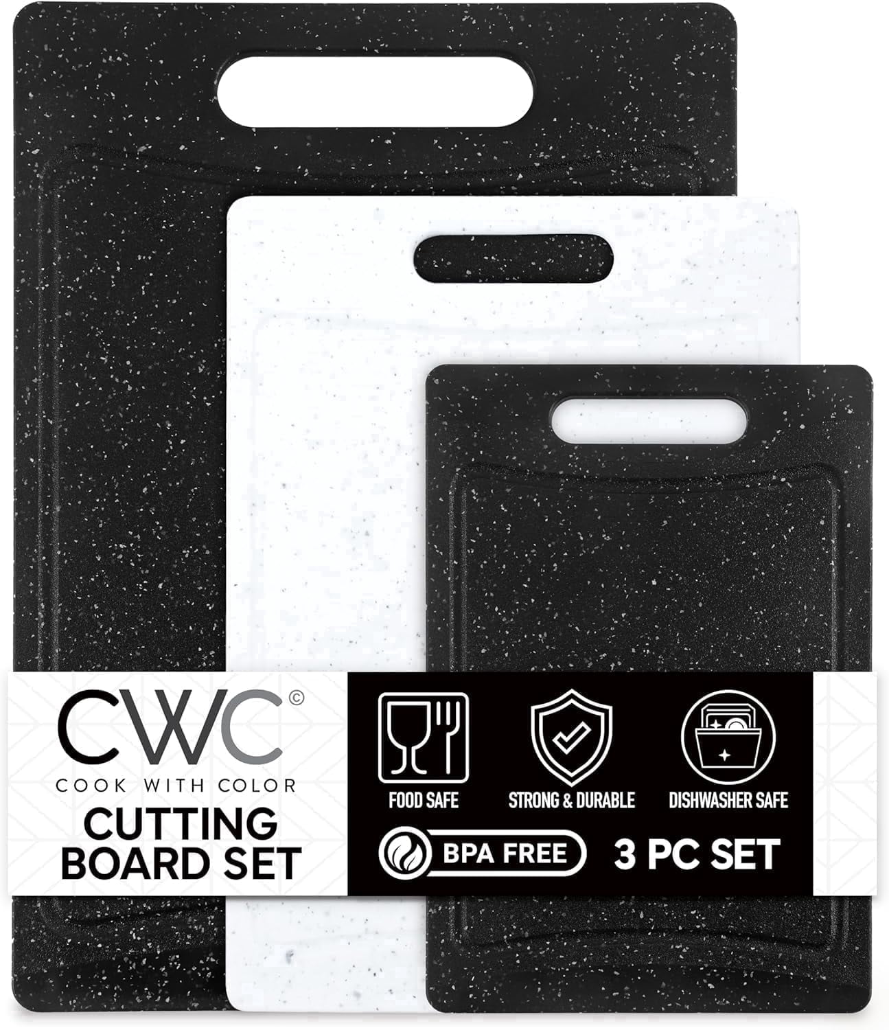 COOK WITH COLOR 3-Piece Cutting Board Set, Non-slip Chopping Board Kitchen Utensils Set Home Essentials, Black White