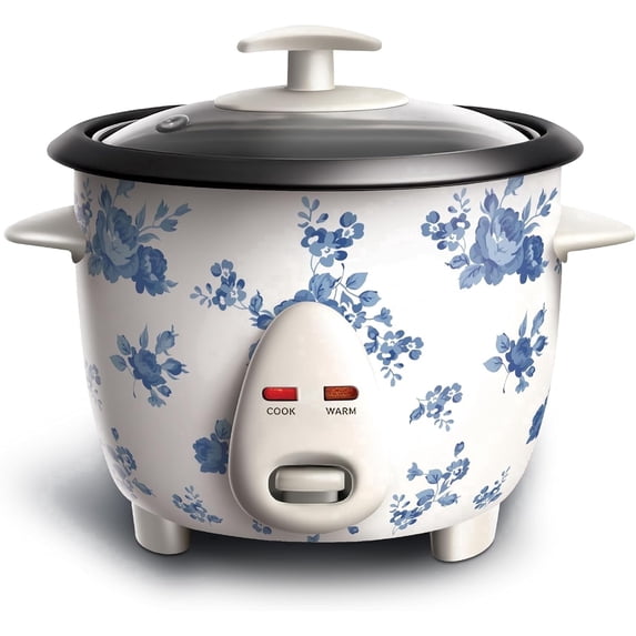 COOK WITH COLOR Rice Cooker, 6-Cup with Tempered Glass Lid, Floral Blue