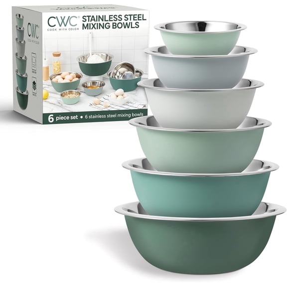 COOK WITH COLOR Stainless Steel Nesting Mixing Bowls Set for Kitchen, Green, 6-Piece