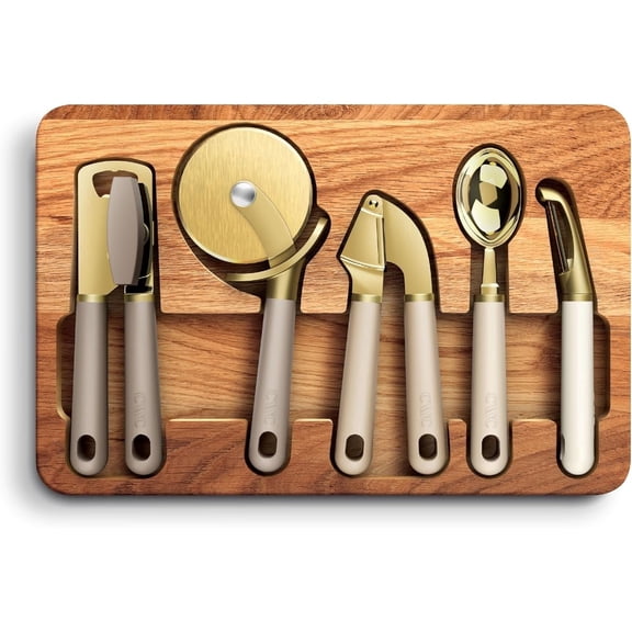 COOK WITH COLOR Kitchen Utensil Set with Acacia Wood Cutting Board, Beige, 6 Piece Set