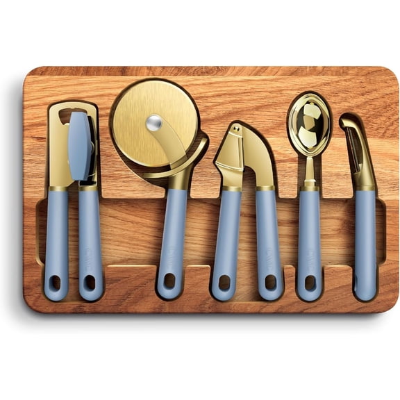 COOK WITH COLOR Stainless Steel Kitchen Set with Acacia Wood Cutting Board, Blue, 6 Piece Set