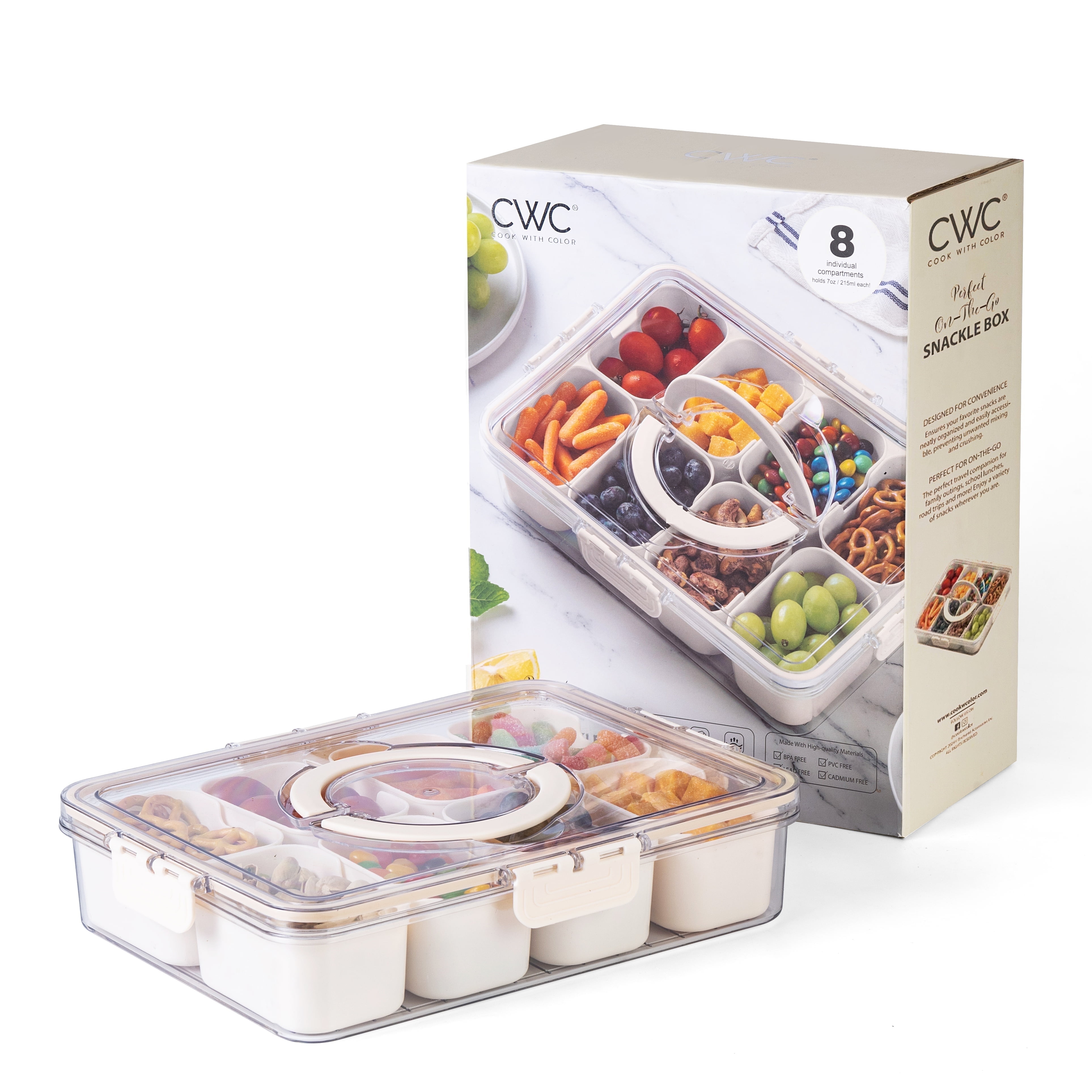 COOK WITH COLOR Snackle Box Container - 8 Compartment Divided Serving Tray with Lid, Portable Snack Tray with Handle and Serving Platter Perfect for Fruit, Candy and Treats