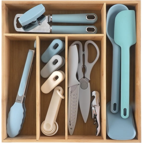 COOK WITH COLOR Kitchen Utensils and Bamboo Drawer Organizer Set, Cooking Utensils, Blue, 18-Piece Set