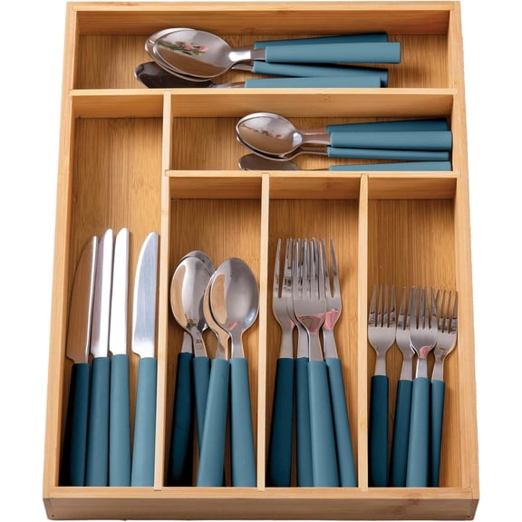 COOK WITH COLOR Silverware Sets and Bamboo Drawer Organizer Set, Cutlery Set, Blue, 25-Piece Set
