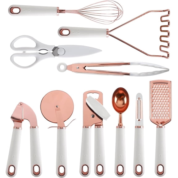 COOK WITH COLOR Kitchen Utensils Set, 10-Piece Stainless Steel Utensils with Soft Touch Handles, Copper White