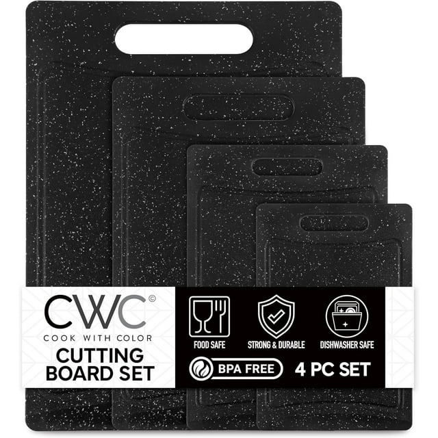 COOK WITH COLOR 4-Piece Non-Slip Cutting Board Set with Easy Grip Handle, Black