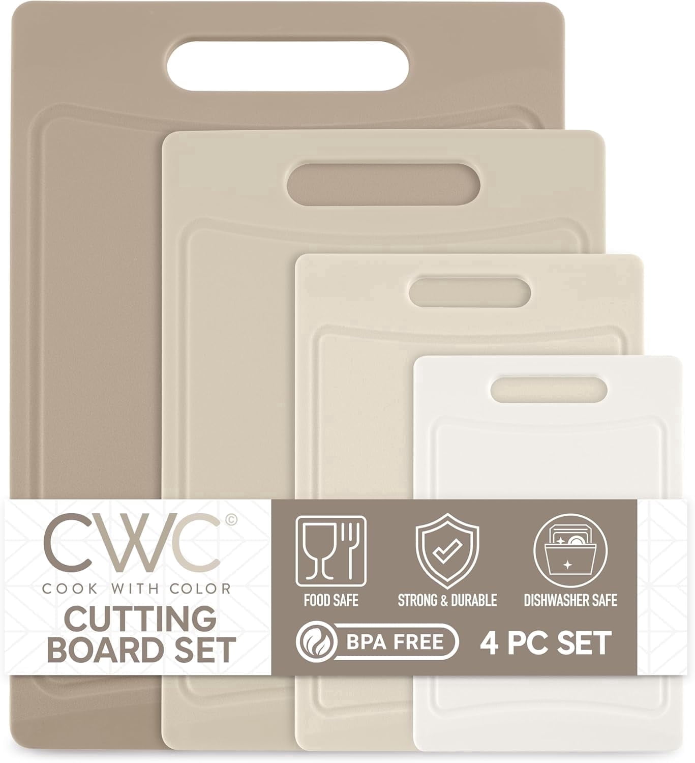 COOK WITH COLOR Non-Slip Cutting Board Set – Kitchen Essentials with Easy Grip Handle for Meat, Veggies, and Fruits, 4 Cutting Boards, Brown